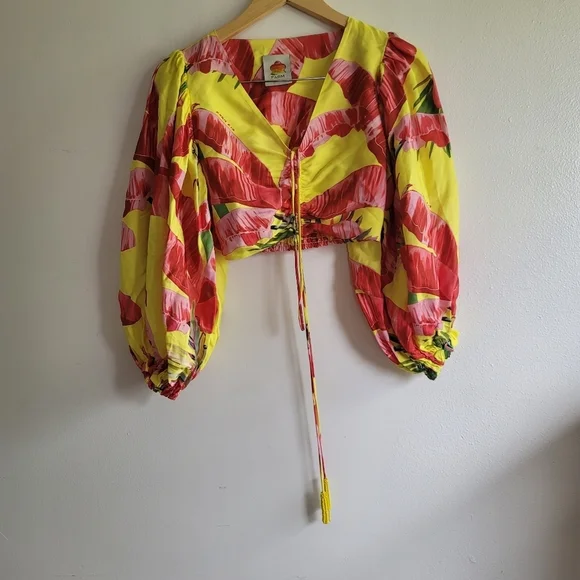 Farm Rio, Sweet Jungle Lime Crop‎ Top, Lime Yellow/Red/Pink, Size XS - Picture 6 of 16